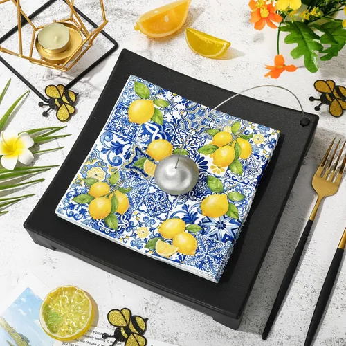 Miniatura 3 de JarThenaAMCS 80 servilletas de papel con azulejos y limones, servilletas desechables azules y amarillas, servilletas decorativas de cítricos