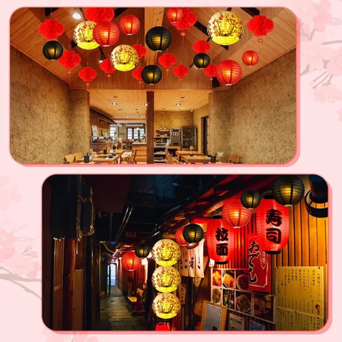Miniatura 5 de Tuanse 40 linternas de papel japonesas chinas decorativas LED con flor de cerezo rojo chino para interiores y exteriores (rojo, rosa)