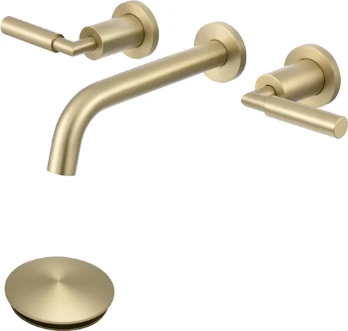RBROHANT RB0736D - Grifo de montaje en pared dorado con drenaje desplegable para fregadero sin desbordamiento, grifo de fregadero de baño de doble
