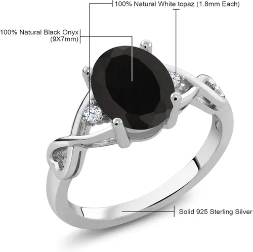 Miniatura 4 de Gem Stone King Anillo de compromiso de plata de ley 925 con ónix negro y topacio blanco para mujer