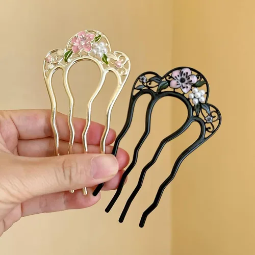 Miniatura 9 de Paquete de 2 horquillas con patrón de flores en forma de U para moños, palillos creativos de 4 puntas, dientes de metal, pinzas de horquilla