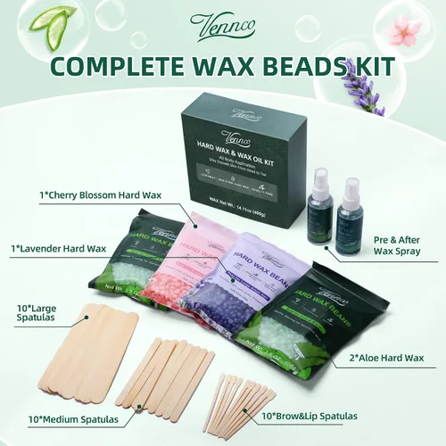 Miniatura 2 de Kit de perlas de cera dura Vennco para depilación, 36 piezas de perlas de cera para todo el cuerpo, cara y bikini brasileño, aloe, lavanda, flor