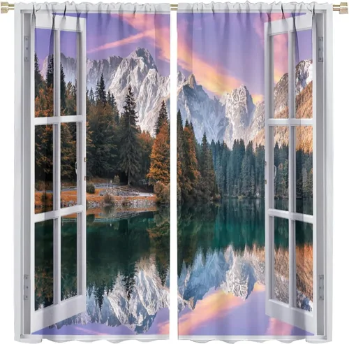 Miniatura 16 de Cortinas de paisaje, ventana tropical con vista al mar, océano, playa, barco, cortinas con estampado de palmeras para dormitorio, sala de estar, Mar