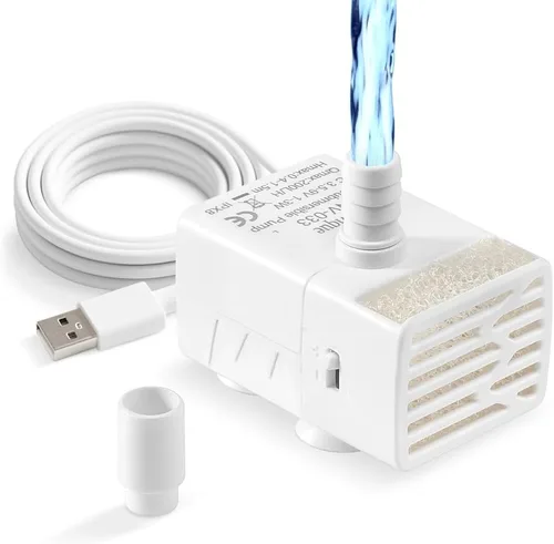 Bomba de agua sumergible de 200 l/h, ultra silenciosa, USB, bomba de fuente pequeña con 2 boquillas para acuario, fuente de pecera, hidropónico,