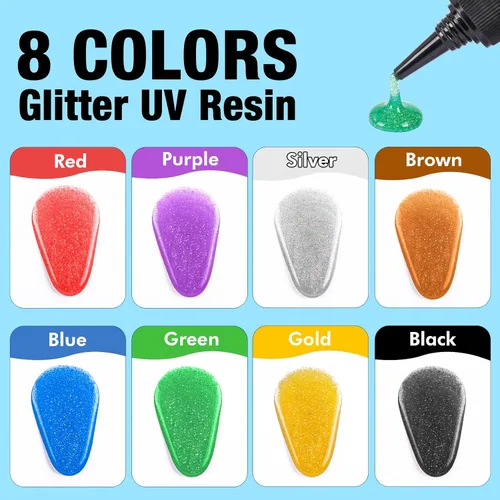 Miniatura 2 de JDiction Resina UV de color con purpurina, resina UV metálica de 8 colores con efecto brillante, kit de resinas de purpurina dura para fabricación