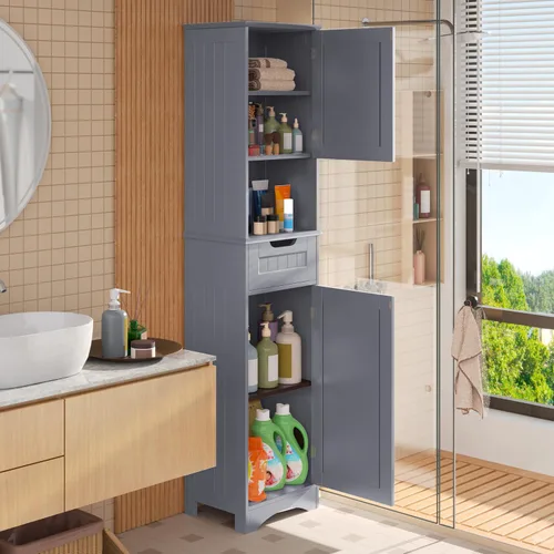 Miniatura 2 de Gizoon Armario de baño de 67 pulgadas de alto, armario de almacenamiento con 2 puertas y cajón, torre de lino estrecha con estantes ajustables