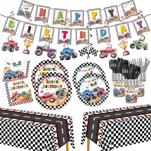 Miniatura 8 de Juego de 179 platos de auto de carreras, servilletas, decoraciones de fiesta de cumpleaños, juego de vajilla desechable, vasos de papel, pancarta