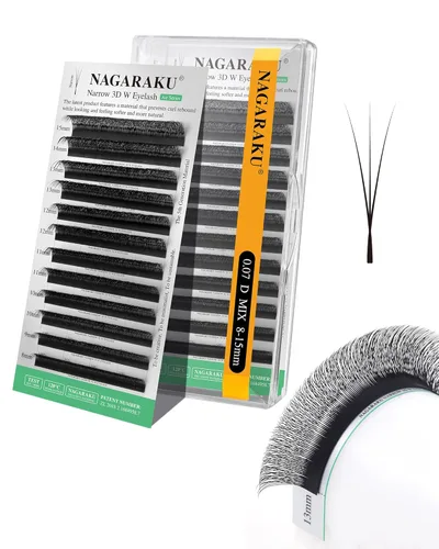 Miniatura 142 de NAGARAKU Extensiones de pestañas Double Tips 4D W, suministros con puntas dobles, gruesas con rizado D de 0.07 mm, bandeja mixta 8-15 mm, 0.07-D