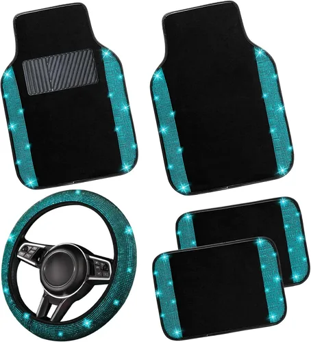 NBTEPEM Juego completo de alfombrillas brillantes para piso de automóvil y funda para volante, ajuste universal para la mayoría de los automóviles,