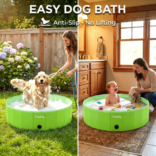 Miniatura 7 de Furrybaby Piscina para Perros, Piscina Infantil con Plato Duro, Plegable, Baño para Mascotas, Piscina Plegable para Mascotas, Portátil, Verde, 32