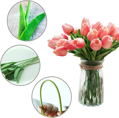 Miniatura 3 de KOILLUXU Flores artificiales, 30 ramos de tulipanes de tacto real de 14 pulgadas de alto, tulipanes falsos de poliuretano rosa melocotón