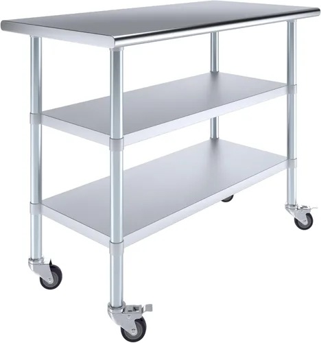 Miniatura 21 de AmGood Mesa de trabajo de acero inoxidable con 2 estantes y ruedas Mesa de trabajo de metal con ruedas