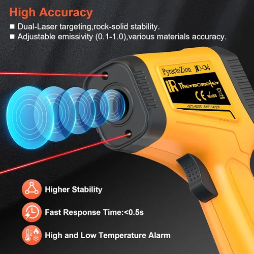 Miniatura 5 de Pistola de termómetro infrarrojo de -58°F a 1472°F con pantalla retroiluminada, pistola de temperatura de termómetro láser con emisividad ajustable