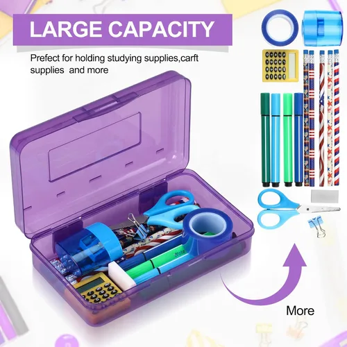 Miniatura 3 de Leelosp Paquete de 12 cajas de lápices transparentes para la escuela, estuche grande de plástico con tapa, caja de almacenamiento apilable de crayón