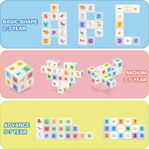 Miniatura 6 de Bloques magnéticos Asago ABC 123 Alfabeto colorido impreso, bloques de construcción para niños pequeños de 1 a 3 años, cubos magnéticos juguetes
