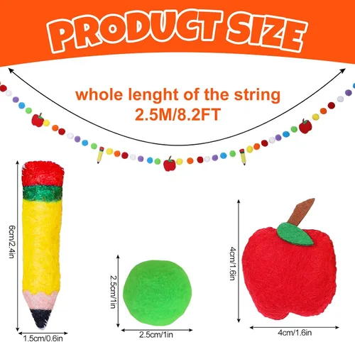 Miniatura 2 de AnyDesign Cartel de fieltro de regreso a clases de 8.2 pies, bonito lápiz 3D de manzanas, guirnalda de pompones coloridos para colgar, guirnalda