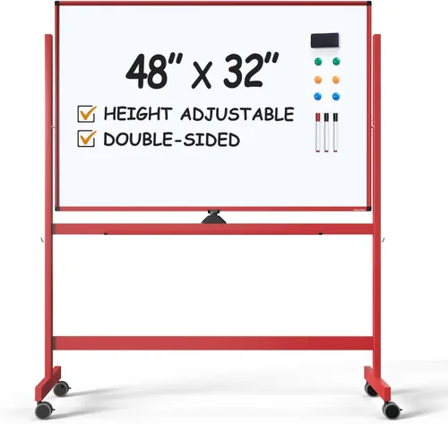 Miniatura 11 de Pizarra blanca magnética grande de borrado en seco con ruedas – 48 x 32 pulgadas, pizarra blanca de altura ajustable de doble cara, caballete Blanco