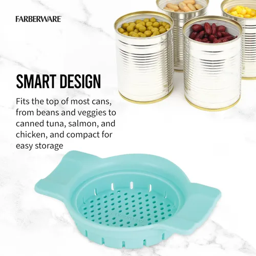 Miniatura 5 de Farberware Colador y colador de latas clásico, Aqua Sky, colador de tapa a presión para atún, verduras enlatadas, pasta, frutas, se adapta a latas