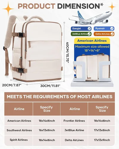 Miniatura 3 de Mochila de viaje grande, bolsa de mano, aprobada para aviones, para artículos personales, para hombre o mujer, color beige con marrón
