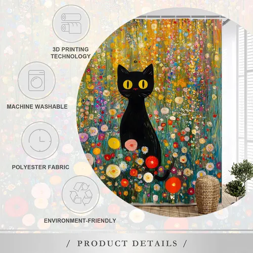 Miniatura 5 de Cortina de ducha retro boho con diseño de gato negro, diseño de flores silvestres, plantas de jardín botánico de mediados de siglo, casa de campo