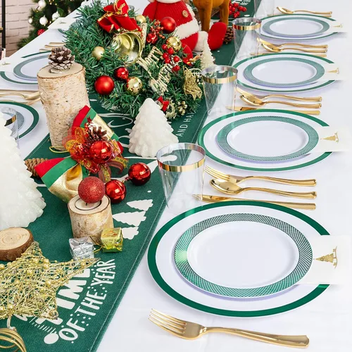 Miniatura 3 de Ciaell 175 platos de plástico de Navidad, los juegos de platos de plástico blanco y verde incluyen 25 platos de cena, 25 platos de postre, 25