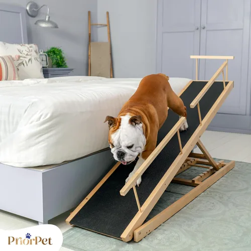 Miniatura 7 de Rampa para perros para cama - Rampa ajustable de madera de abedul PRIORPET para que los perros se suban a la cama: rampas para perros para camas