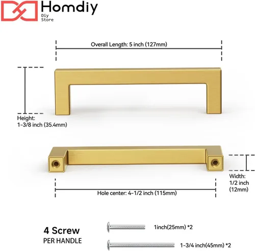 Miniatura 2 de Homdiy Paquete de 6 tiradores de bronce cepillado de 4- 1/2 pulgadas, herrajes dorados, cuadrados para gabinete de cocina, armarios; 4- 1/2 pulgadas