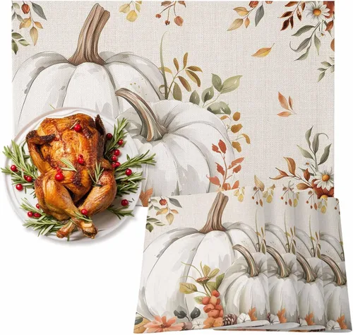 Miniatura 129 de Juego de 4 manteles individuales Boho de otoño, calabazas de acuarela para Acción de Gracias, resistentes al calor, lavables, para mesa, manteles