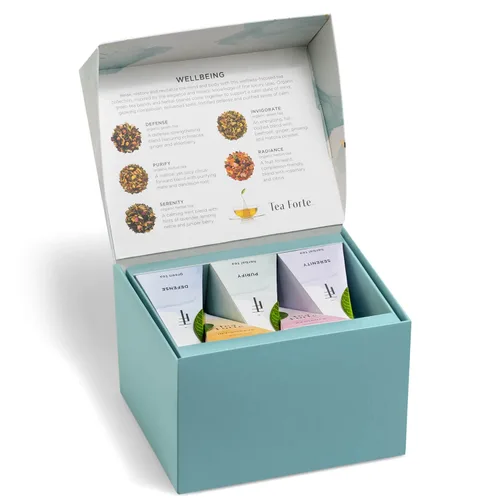 Miniatura 4 de Juego de regalo de té de 3 piezas de Tea Forte Wellbeing; incluye taza de té con tapa en color azul claro, bandeja de té y 10 bolsas de infusor