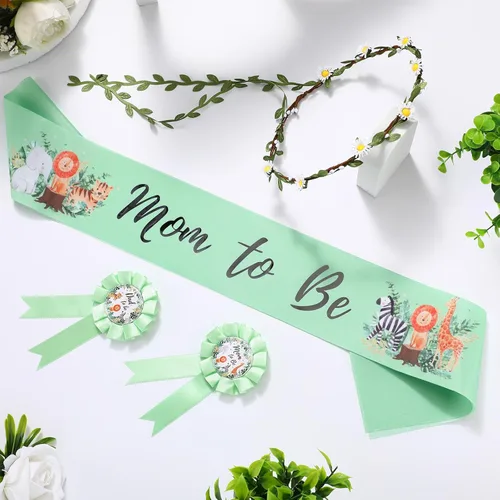 Miniatura 2 de Xinnun 4 piezas de decoración de baby shower, safari con temática de selva para mamá y papá, ramillete con corona de flores de hojas verde salvia