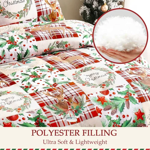 Miniatura 4 de Exclusivo Mezcla - Juego de edredón de Navidad tamaño individual, 2 piezas reversibles, ropa de cama de invierno con patrón de corona de renos