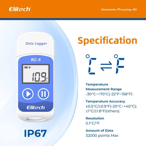 Miniatura 3 de Elitech RC-5 pantalla LCD USB grabador registrador de datos de temperatura, 32000 puntos alta precisión