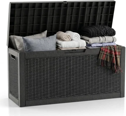 Miniatura 19 de ROJIK Caja de almacenamiento para exteriores, caja de cubierta impermeable de 85 galones, contenedor de almacenamiento exterior de resina resistente