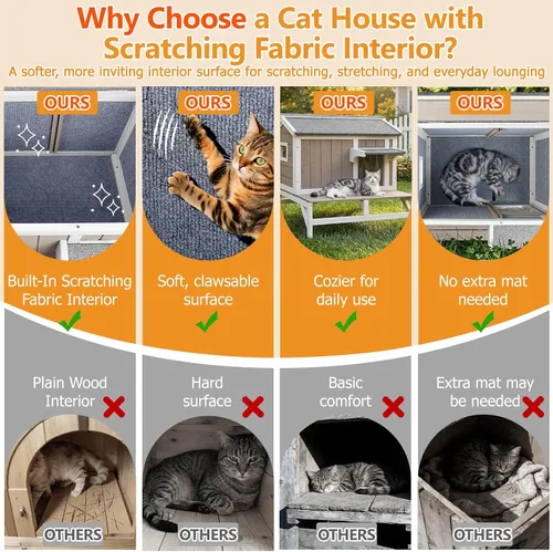 Miniatura 2 de PetsCosset Casa para gatos al aire libre, refugio de madera para gatos con interior de tela rascadora incorporada, diseño de 2 pisos resistente a