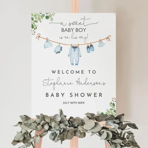 Miniatura 2 de Señal de Bienvenida Personalizada para Baby Shower de Niño, Señal de Baby Shower Niño, Decoraciones de Baby Shower Azul Boho de Oso Sol, Aquí Viene