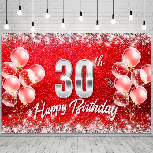 Cartel de fondo de 30 cumpleaños rojo y plateado para mujeres y hombres de 30 años de edad, fondo de cumpleaños, fotografía, decoración de fiesta,