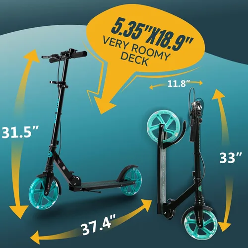 Miniatura 5 de Patinete para niños de 8+ años, adolescentes y adultos, con freno de mano delantero y freno trasero, y manillar ajustable, ruedas grandes y Negro