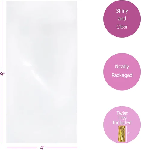 Bolsas de celofán de plástico transparente con lazos de torsión de 4 pulgadas, coloreados para regalo o uso en fiestas 4"x9" 100 Pack