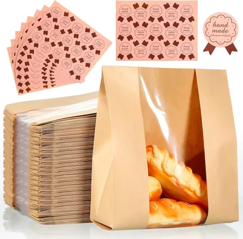 Miniatura 2 de Meanplan 150 bolsas de panadería con ventana, bolsas grandes de papel para pan casero, embalaje Kraft con 10 hojas de calcomanías para pan de masa