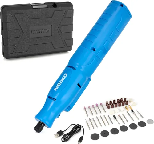 NEIKO 10581A Kit de Herramientas Rotativas Inalámbricas, 46 Piezas, Bolígrafo de Grabado Eléctrico de 3.6V, Mini Amoladora Recargable con Collet de