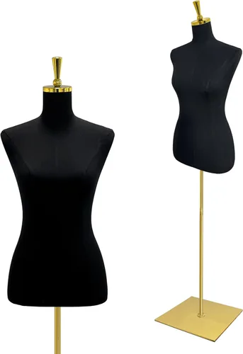 Forma de vestido ajustable para mujer, maniquí de costura de 53 a 73 pulgadas de altura con soporte de metal dorado, negro