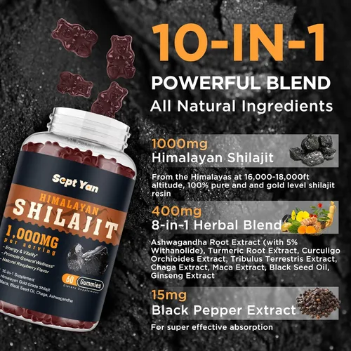 Miniatura 2 de Shilajit - Gomitas de 1000 mg – Shilajit puro orgánico del Himalaya para hombres y mujeres, más de 85 minerales traza resina Shilajit