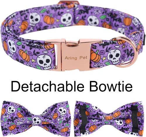 Miniatura 5 de ARING PET Collar de Halloween para Perro con Pajarita de Calabaza Linda, Collares de Perro de Algodón Morado con Calavera y Murciélago, Collares A