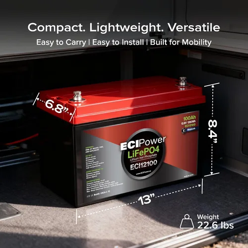 Miniatura 6 de Paquete de 2 baterías recargables ECI Power LiFePO4 de litio de 12 V 100 Ah Bluetooth 5000 ciclos de vida y 10 años de vida útil BMS integrado