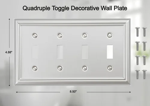 Miniatura 2 de OKAWYC Cubierta de Interruptor de Luz de Palanca Cuádruple Placa de Pared de Metal Adler, Paquete de 2 Níquel Cepillado 4 Gang, Cubierta