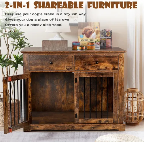 Miniatura 2 de LEMBERI Mueble de jaula para perros grande de 44 pulgadas, mesa auxiliar de madera para perros con cajones de almacenamiento, jaula decorativa