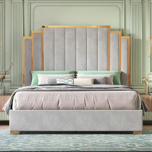 Miniatura 9 de HOWE Base de cama tamaño Queen y cabecera de 61 pulgadas, cama tapizada con borde chapado en oro, cama de plataforma moderna, no necesita somier