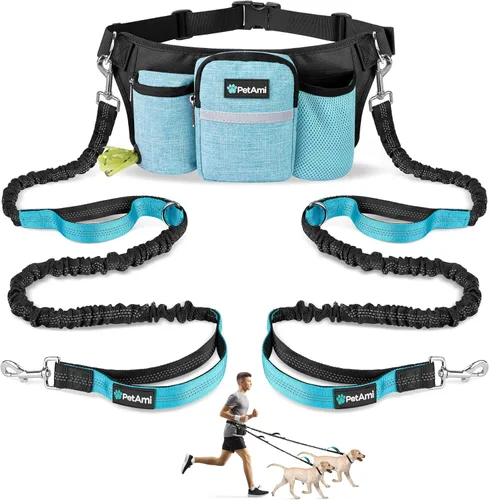 Miniatura 10 de PetAmi Correa de perro con manos libres de alta calidad para 2 perros, correa de cinturón ajustable para pasear perros, riñonera con bolsa de Púrpura