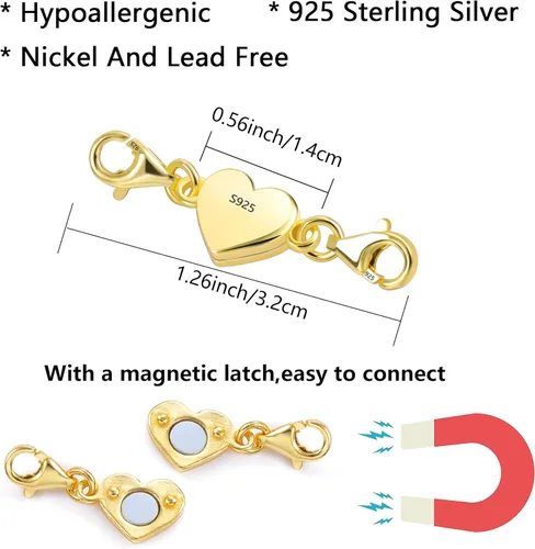 Miniatura 3 de Collar magnético de corazón de oro de 14 quilates, cierres y cierres de plata de ley 925, cierre de langosta doble, cierres magnéticos de joyería