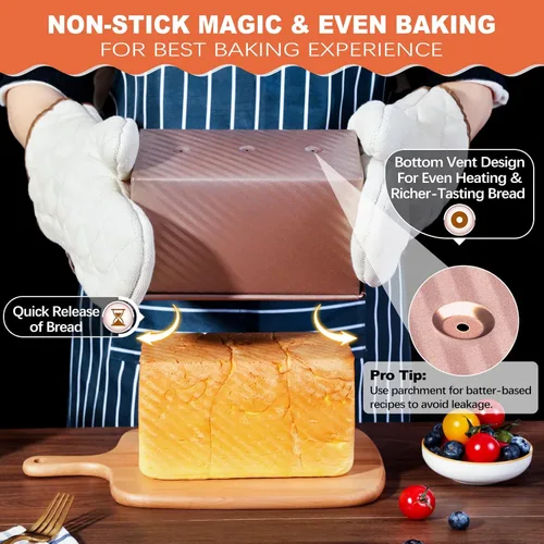 Miniatura 3 de Pavsrmy Paquete de 2 moldes para pan Pullman con tapa, capacidad para 1 lb/0.5 lb de masa, molde premium para pan de sándwich con tapa, molde